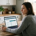 Femme utilisant un comparateur de mutuelle santé en ligne sur son ordinateur portable à la maison