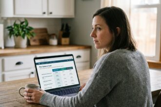 Femme utilisant un comparateur de mutuelle santé en ligne sur son ordinateur portable à la maison