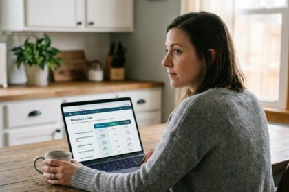 Femme utilisant un comparateur de mutuelle santé en ligne sur son ordinateur portable à la maison