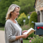 Femme d'âge moyen lisant une lettre devant sa maison à la campagne