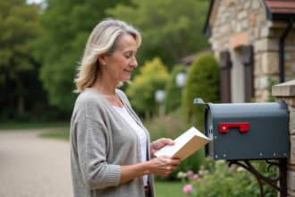 Femme d'âge moyen lisant une lettre devant sa maison à la campagne