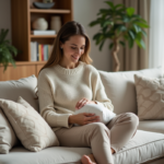 Femme arrangeant des coussins dans un salon moderne et lumineux