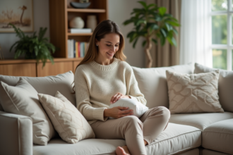 Femme arrangeant des coussins dans un salon moderne et lumineux