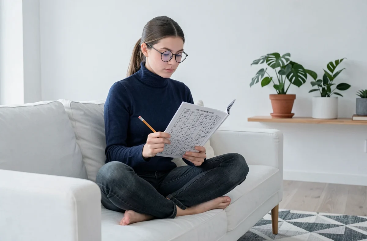 Jeune femme à lunettes résolvant un livret d'énigmes logiques sur un canapé blanc dans un salon minimaliste