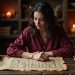 Femme étudiant des runes inversées sur parchemin dans un bureau médiéval mystique
