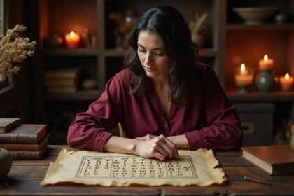 Femme étudiant des runes inversées sur parchemin dans un bureau médiéval mystique