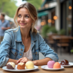 Jeune femme dégustant des glaces en terrasse en été
