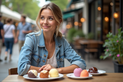 Jeune femme dégustant des glaces en terrasse en été