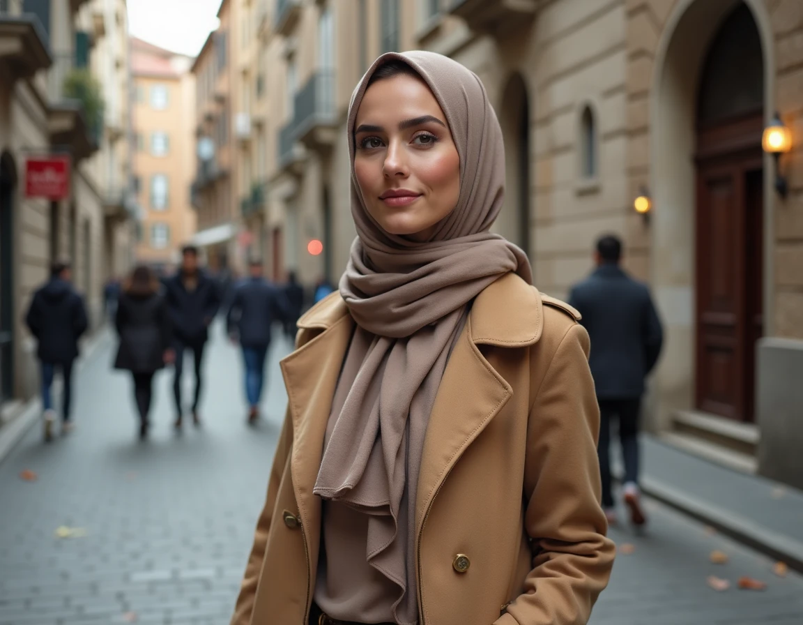 Femme portant le hijab devant une église en pierre, symbole du dialogue entre religion et identité culturelle en France