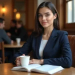 Jeune femme nord-africaine pensive dans un café parisien, carnet ouvert, explorant identité et culture