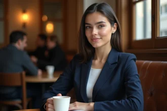 Jeune femme nord-africaine pensive dans un café parisien, carnet ouvert, explorant identité et culture