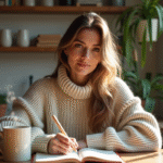 Jeune femme écrivant une citation dans un journal dans une cuisine chaleureuse