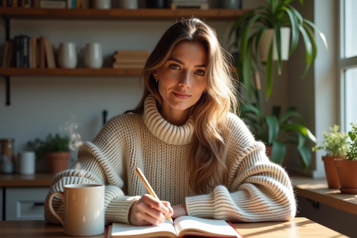 Jeune femme écrivant une citation dans un journal dans une cuisine chaleureuse