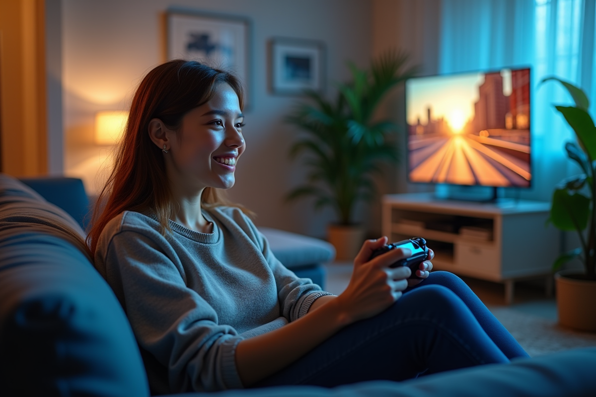 Jeune femme jouant à un jeu vidéo avec manette sans fil