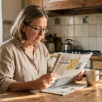 Femme lisant la version papier du journal Ouest-France avec la section jeux à la table de cuisine