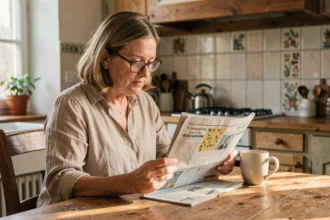 Femme lisant la version papier du journal Ouest-France avec la section jeux à la table de cuisine