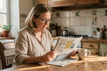 Femme lisant la version papier du journal Ouest-France avec la section jeux à la table de cuisine