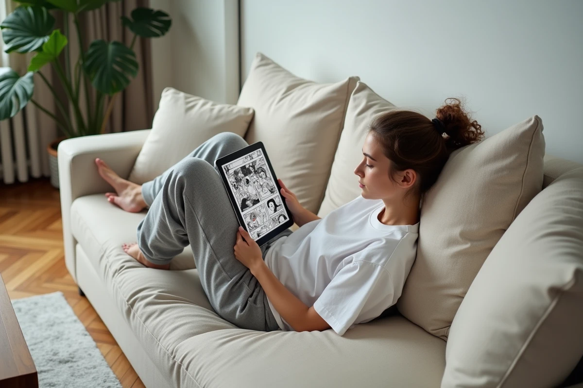 Jeune femme lisant un nouveau chapitre de manga One Piece sur une tablette dans un salon minimaliste
