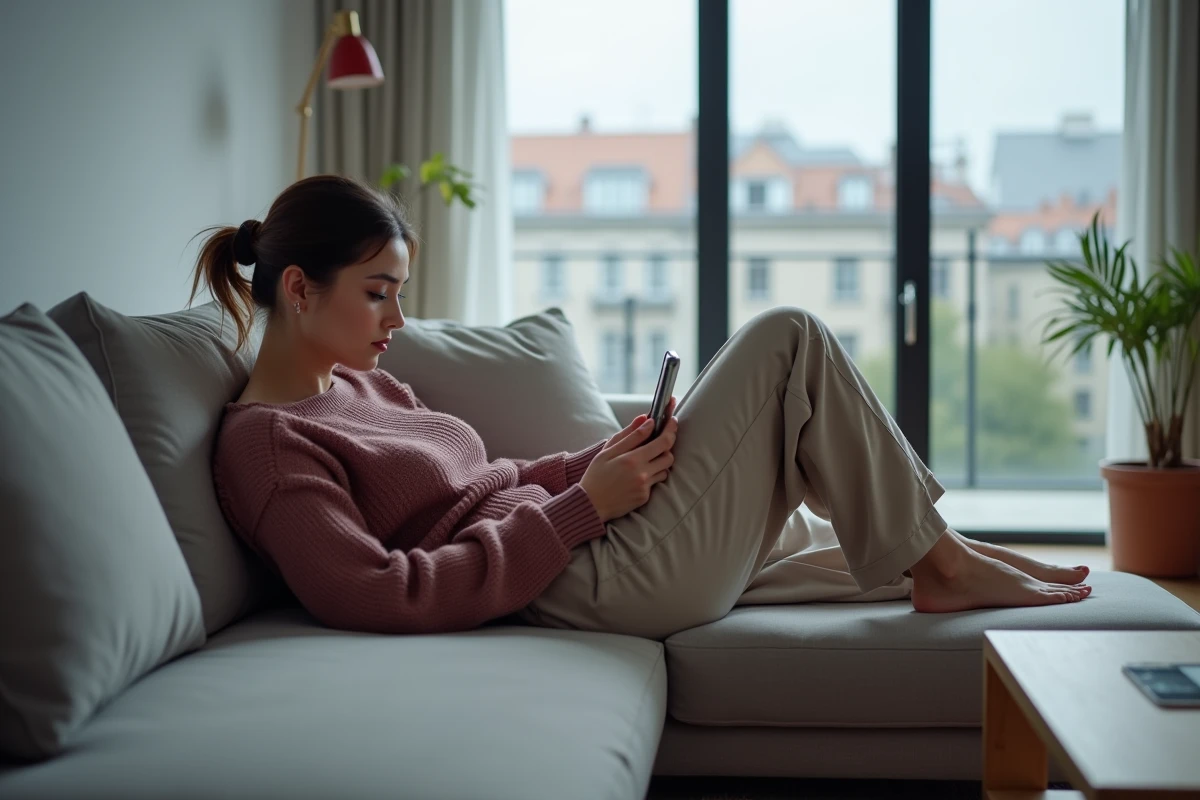 Femme lisant un webtoon coréen légalement sur smartphone allongée dans un salon moderne
