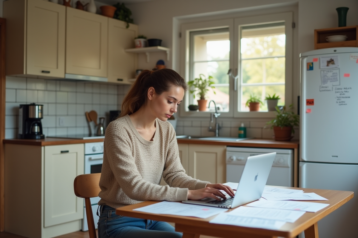 Femme étudiant des documents DPE dans une cuisine lumineuse