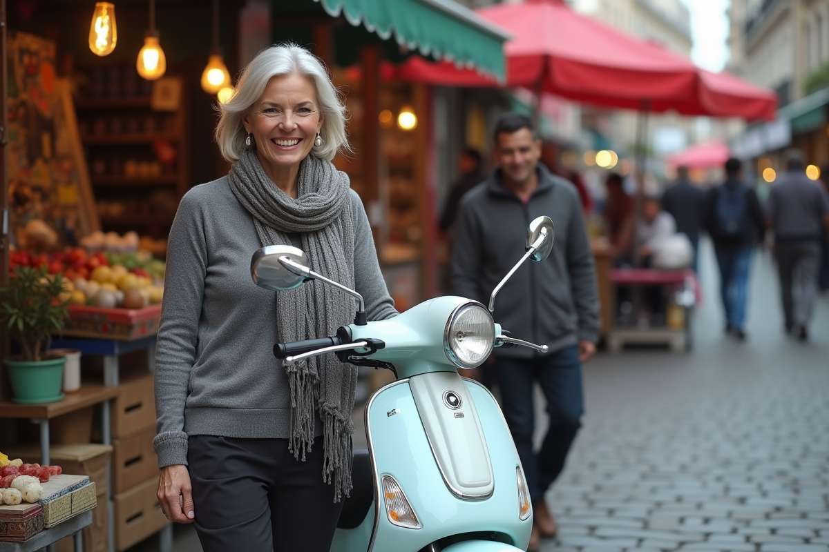 Femme debout à côté d’un scooter dans un marché animé