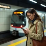 Femme consultant son téléphone sur le quai du métro de Lyon avant son trajet domicile-travail