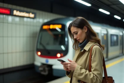 Femme consultant son téléphone sur le quai du métro de Lyon avant son trajet domicile-travail