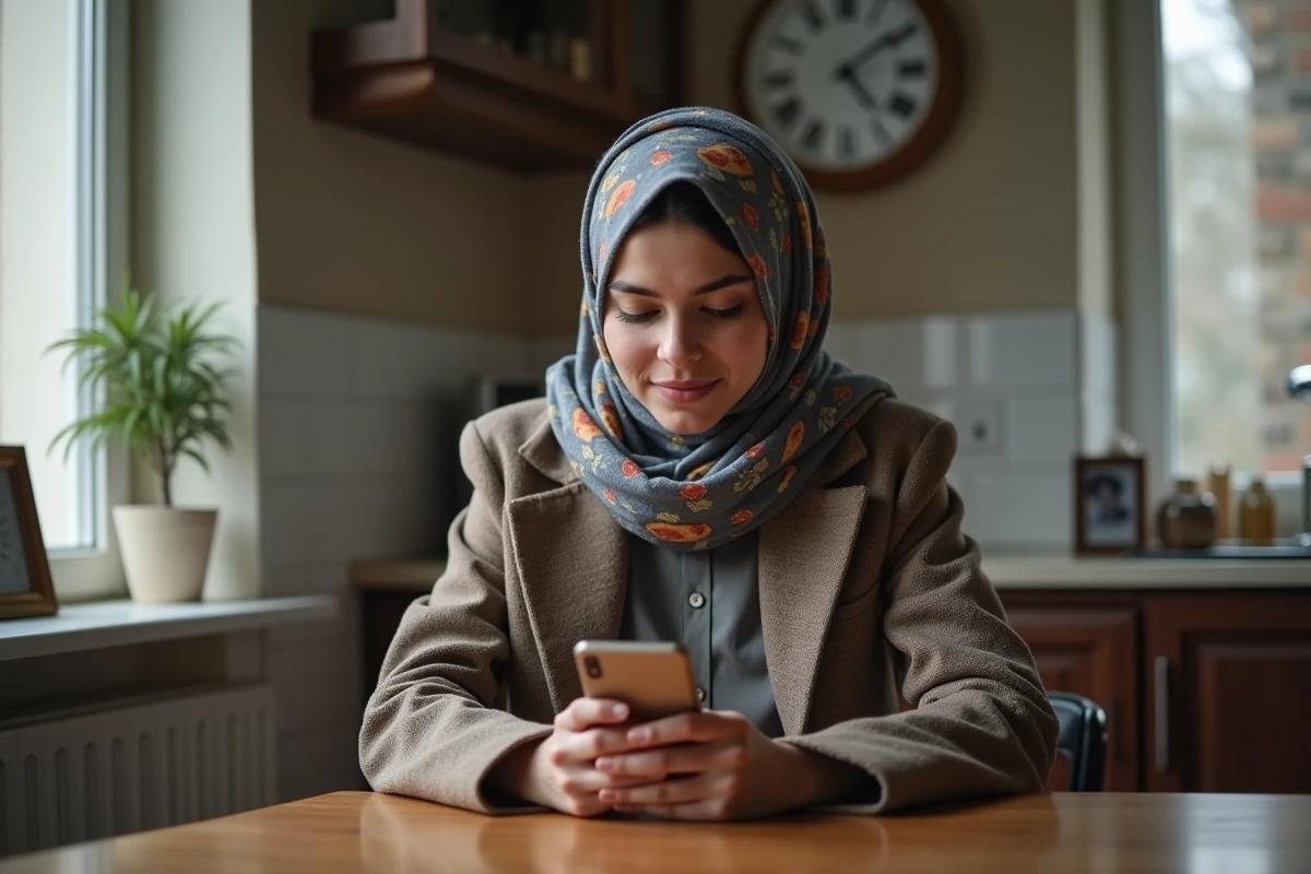 Jeune femme musulmane vérifiant les heures de prière sur son smartphone