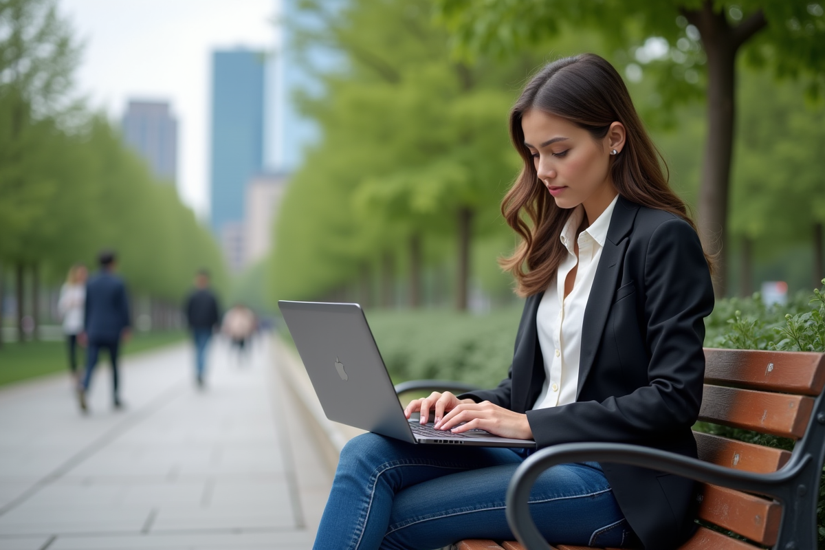 Jeune femme travaillant sur son ordinateur dans un parc urbain