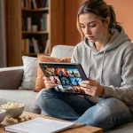 Jeune femme consultant l'ordre de visionnage des films Marvel sur une tablette dans son salon