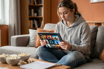 Jeune femme consultant l'ordre de visionnage des films Marvel sur une tablette dans son salon