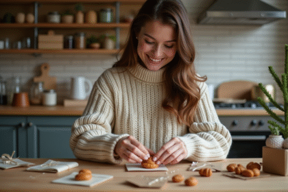 Femme souriante préparant des enveloppes cadeaux de Noël