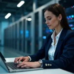 Femme professionnelle en blazer bleu examinant des données serveurs