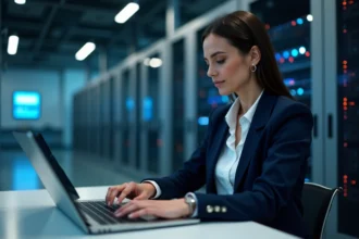 Femme professionnelle en blazer bleu examinant des données serveurs