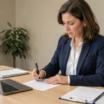 Femme professionnelle rédigeant une lettre recommandée de relance pour un paiement en retard dans un bureau organisé