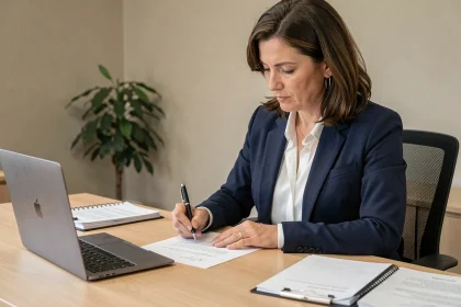 Femme professionnelle rédigeant une lettre recommandée de relance pour un paiement en retard dans un bureau organisé