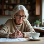 Femme réfléchissant devant une grille de mots fléchés avec un stylo à la main, assise à une table en bois
