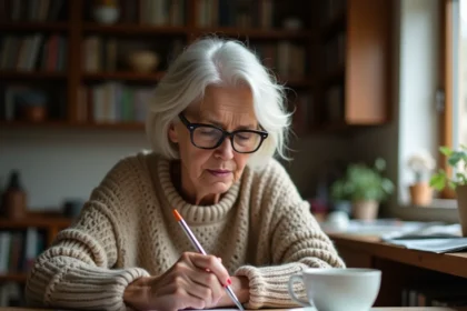 Femme réfléchissant devant une grille de mots fléchés avec un stylo à la main, assise à une table en bois