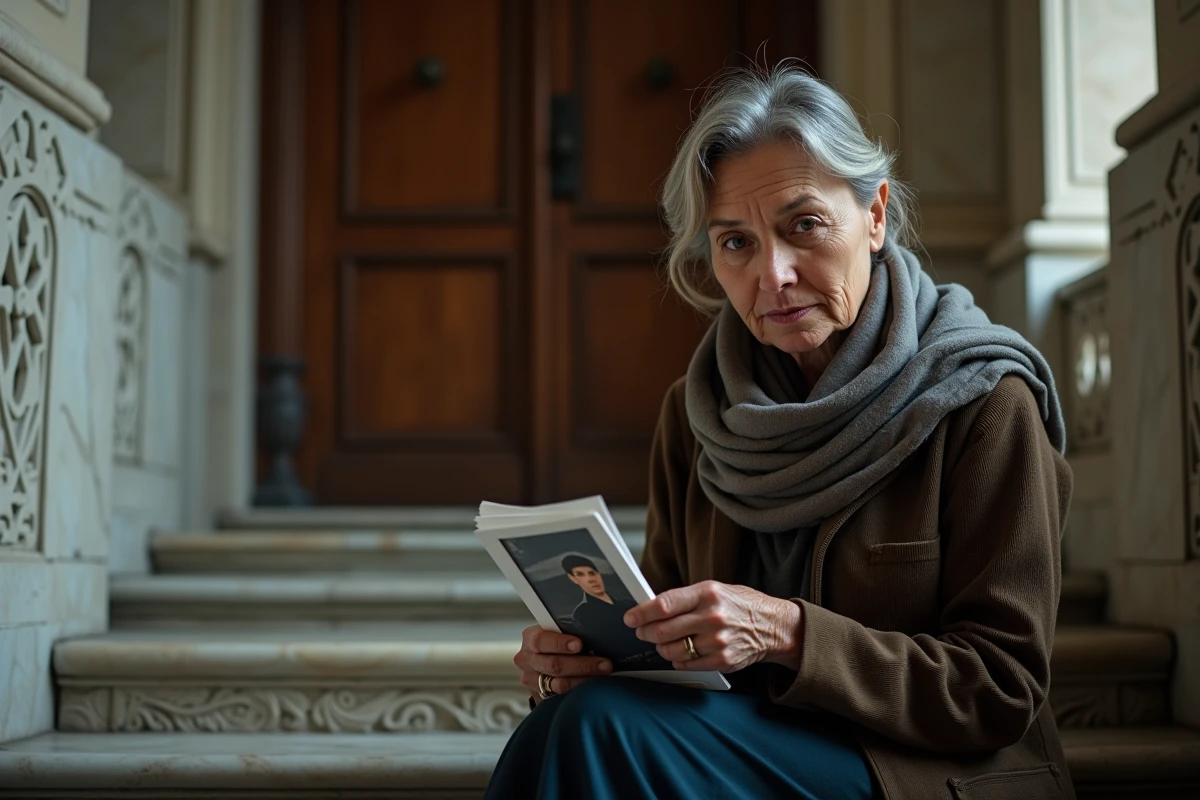 Femme assise tenant une photo dans un lieu intérieur