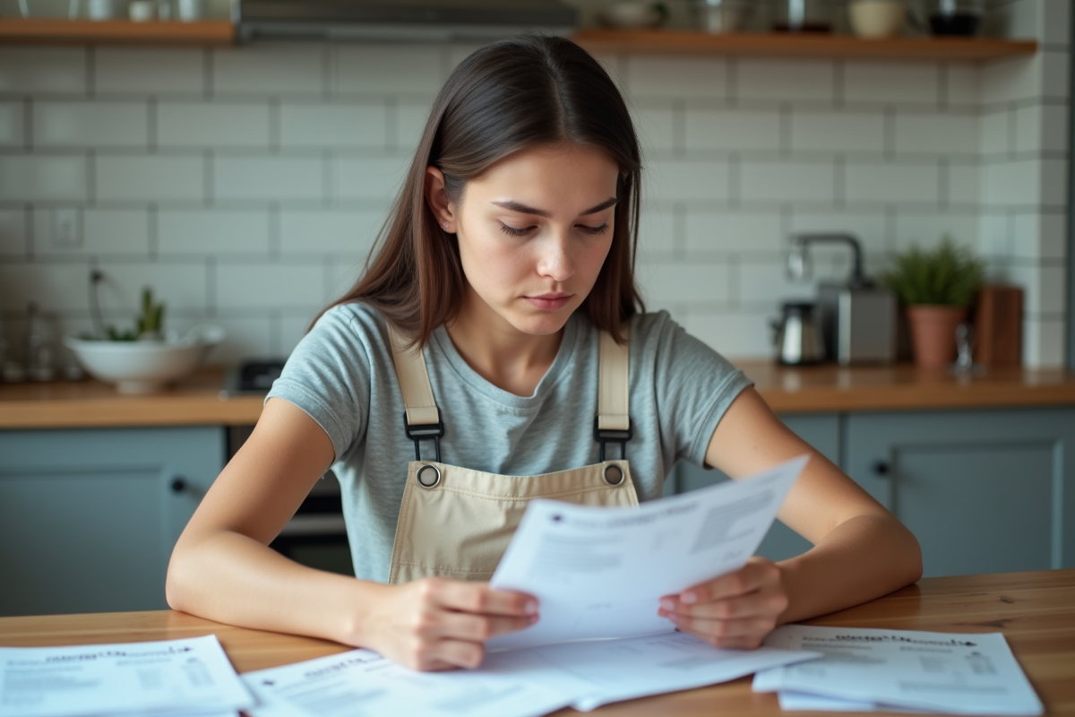 Femme examinant factures de maintenance Dax 50cc