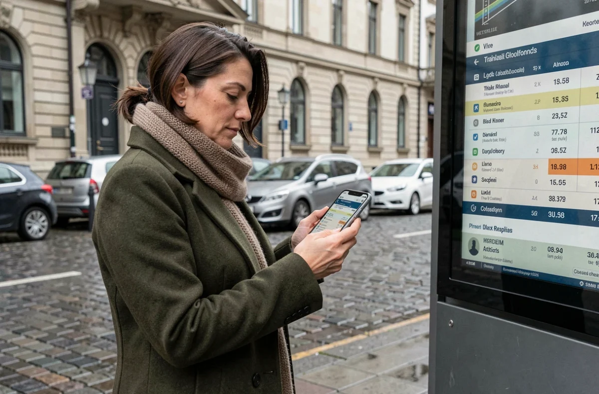 Femme debout dans la rue consultant l'horaire en direct du bus 378 sur son smartphone près d'un panneau d'information