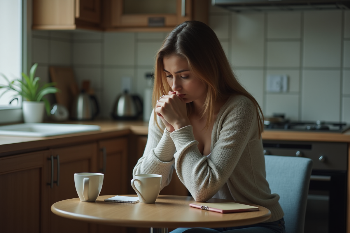 Femme assise seule à la cuisine avec expression tendue
