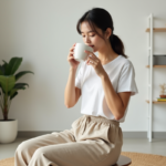 Jeune femme buvant un café dans un salon calme et épuré