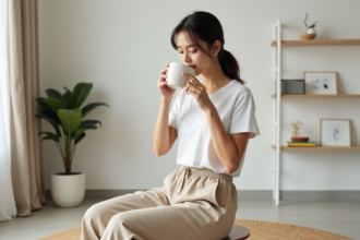 Jeune femme buvant un café dans un salon calme et épuré