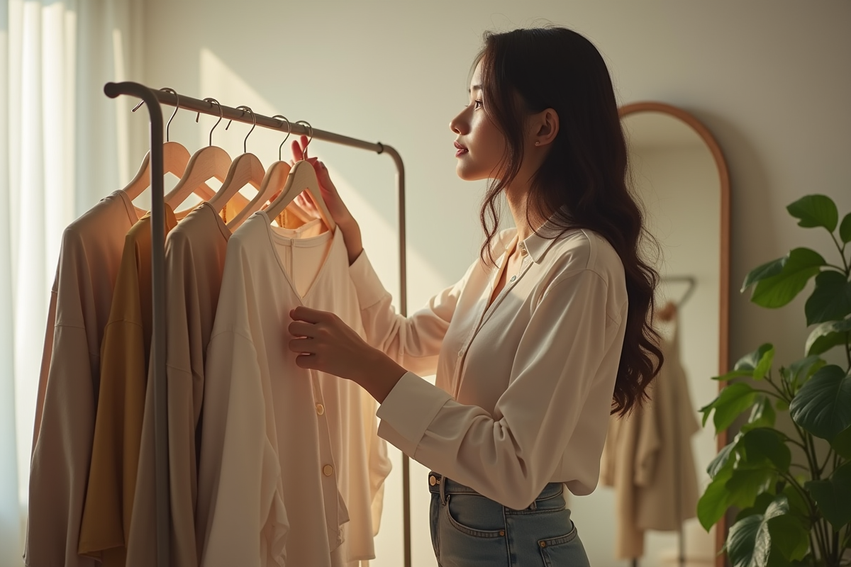 Jeune femme choisissant une tenue dans un dressing minimaliste ensoleille