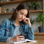 Jeune femme en denim et rayures prenant des notes
