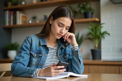Jeune femme en denim et rayures prenant des notes