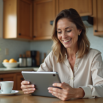 Femme d'âge moyen utilisant une tablette dans une cuisine chaleureuse