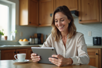 Femme d'âge moyen utilisant une tablette dans une cuisine chaleureuse