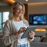 Femme d'âge moyen utilisant une tablette pour contrôler la maison connectée